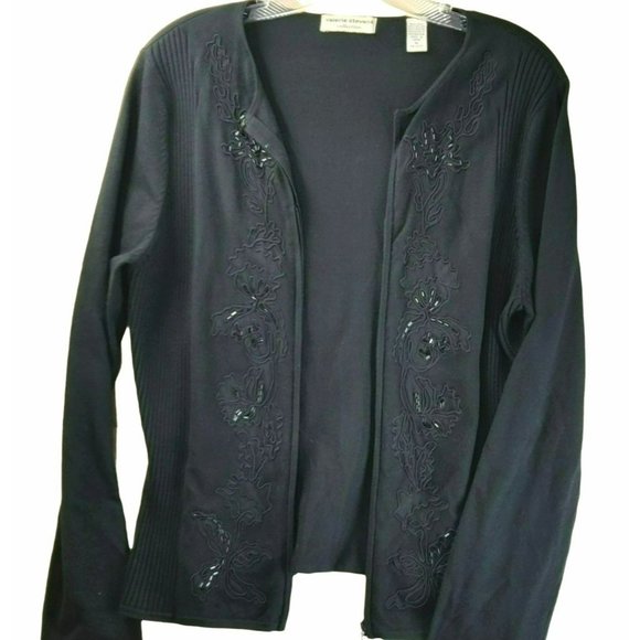Valerie Stevens Collection Women's M Black Silk Blend Front Zip Beaded Cardigan - Picture 2 of 15
